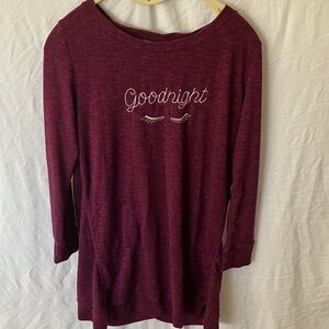 Kate Spade: Burgundy Long Sleeve Sleep Dress- 'Goodnight' Print- Pockets- S